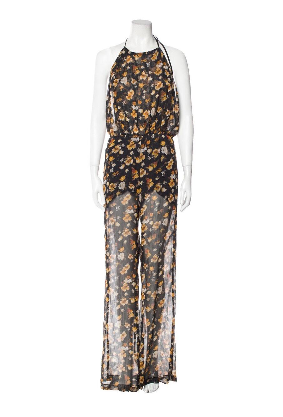 Reformation Sheer Yellow Floral Black Jumpsuit Size Small EUC